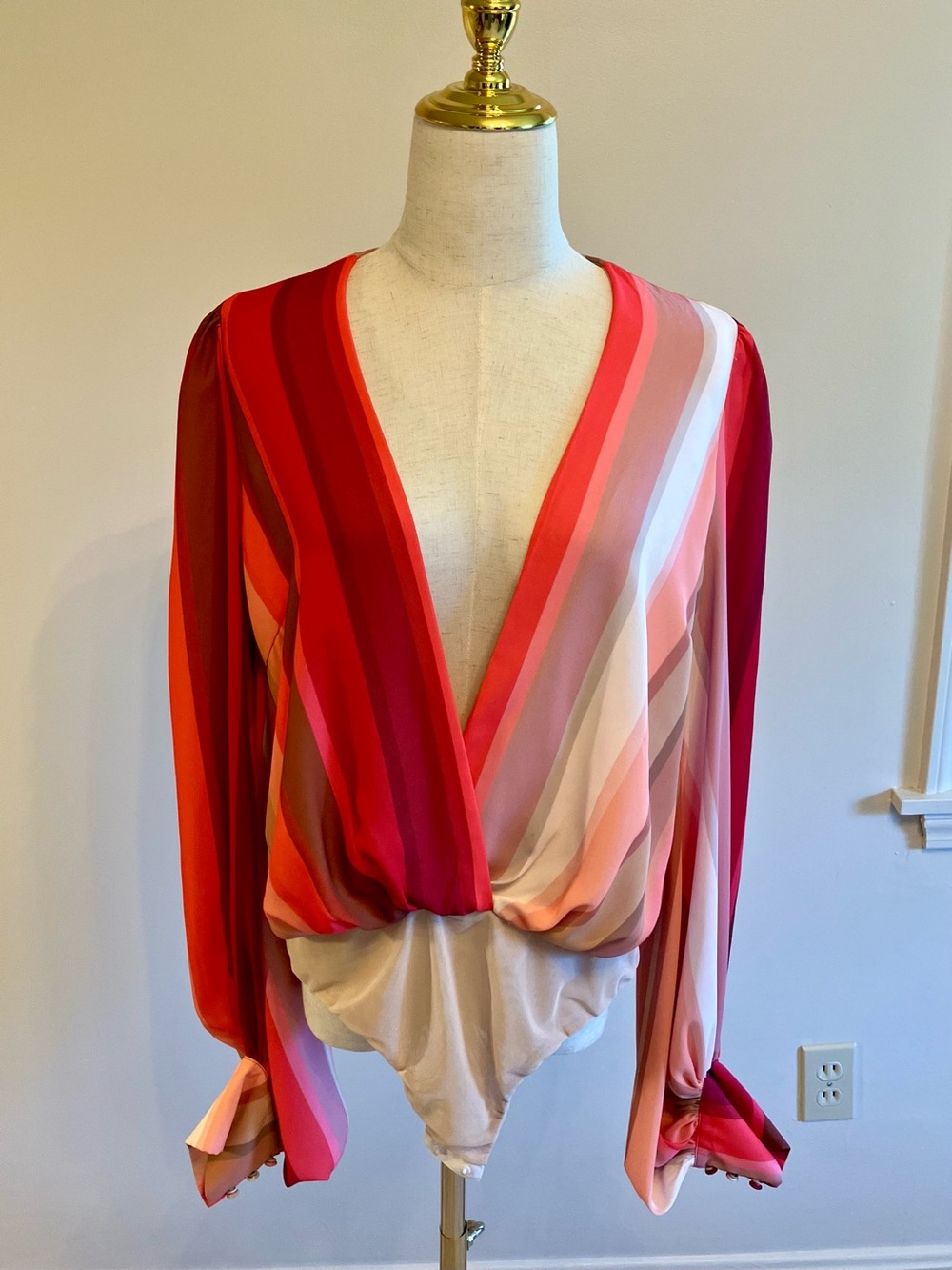 Striped Red & Pink Wrap-Front Women's Bodysuit